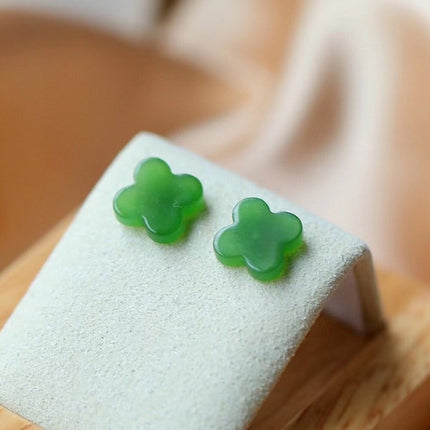 Natural Hetian jade lucky clover ear studs-18K gold