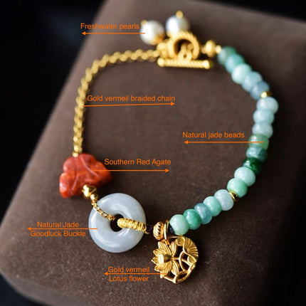 Natural Jade and Southern Red Agate Goodluck Bracelet - Gold vermeil - AAAA Quality