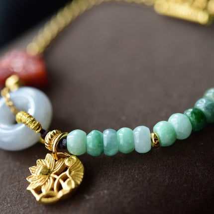 Natural Jade and Southern Red Agate Goodluck Bracelet - Gold vermeil - AAAA Quality