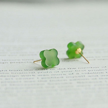 Natural Hetian jade lucky clover ear studs-18K gold