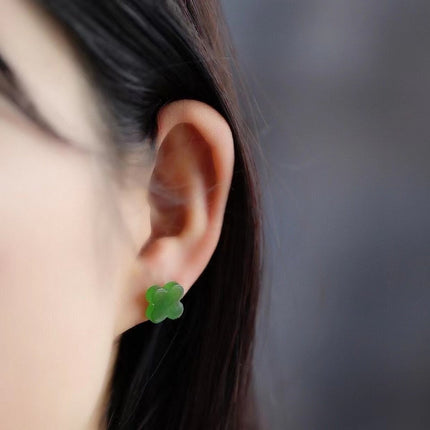 Natural Hetian jade lucky clover ear studs-18K gold